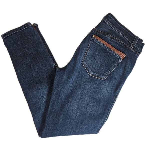 White House Black Market Jeans Womens 4 Blue Skimmer Skinny Faux Leather Trim - Picture 2 of 9